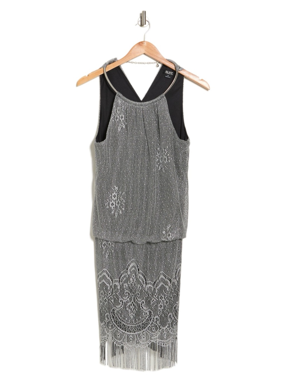 S.L. Fashions Women's Blouson Halter Crochet Fringe Hem Short Dress - Size 10